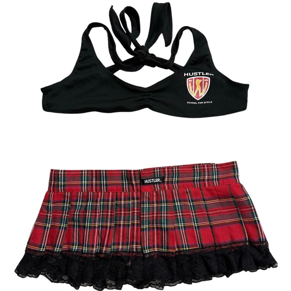 Y2K Hustler School Girl Costume 2 Pc Bra Mini Skirt Womens Sz OS Plaid Black Red